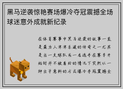 黑马逆袭惊艳赛场爆冷夺冠震撼全场球迷意外成就新纪录